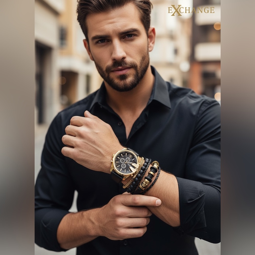 American Exchange Men’s Gold & Black Watch & Bracelet Set NWT - Picture 7 of 9